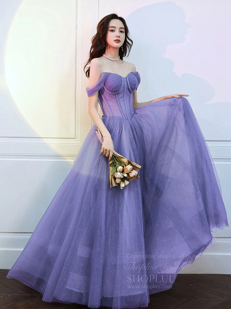 Purple Sweetheart Neck Tulle Long Prom Dress, Purple Formal Evening Graduation Dress - Deanwangkt