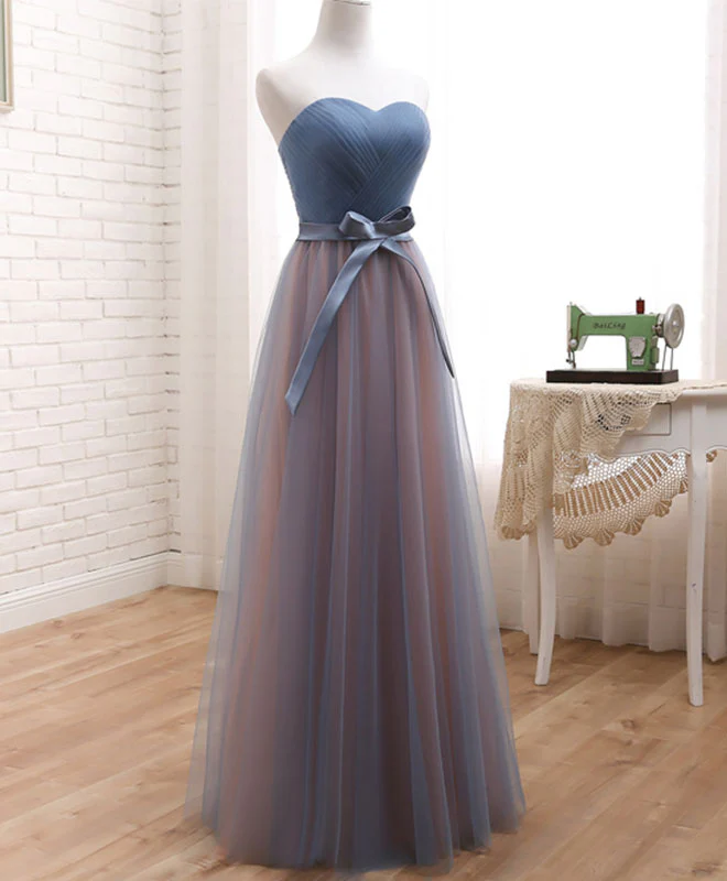 Cute Tulle Sweetheart Neck Prom Dress, Gray Blue Long Formal Dress - Deanwangkt