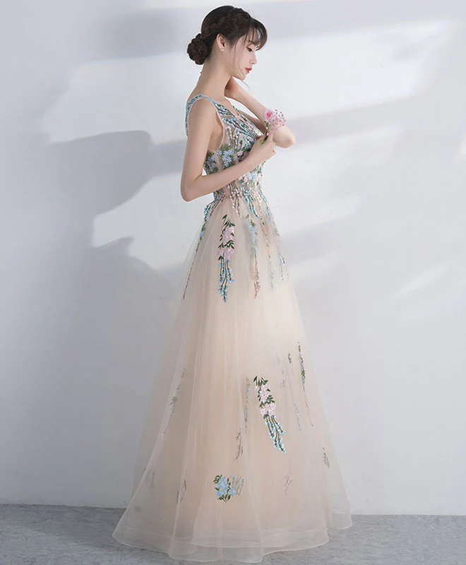 Champagne Round Neck Tulle Lace Long Prom Dress, Evening Dress - Deanwangkt