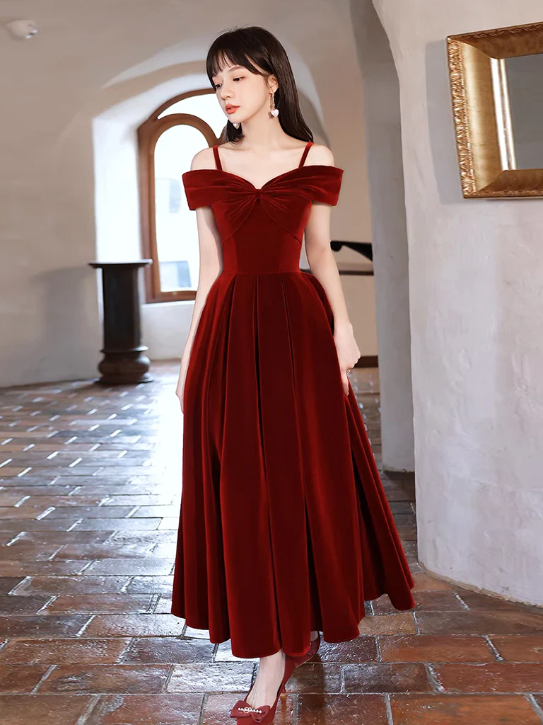 Simple Off Shoulder A-Line Tea Length Velvet Burgundy Prom Dress - Deanwangkt