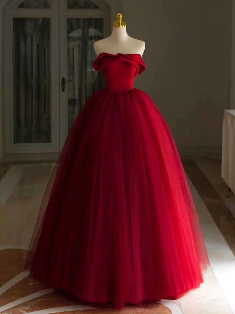 A-Line Tulle Burgundy Long Prom Dress, Burgundy Long Formal Dress - Deanwangkt