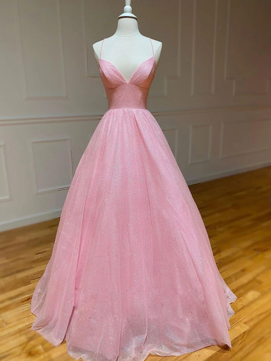 Pink V Neck Long Prom Dress, Pink A-line Sequin Tulle Evening Dress - Deanwangkt