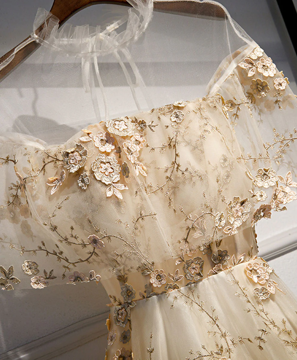 Aline Champagne Tulle Lace Long Prom Dress, Champagne Formal Dress - Deanwangkt