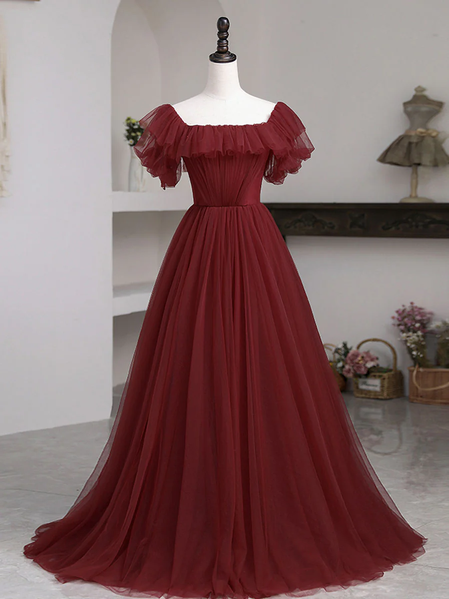 Simple Burgundy A line Long Prom Dresses, Burgundy Bridesmaid Dresses - Deanwangkt
