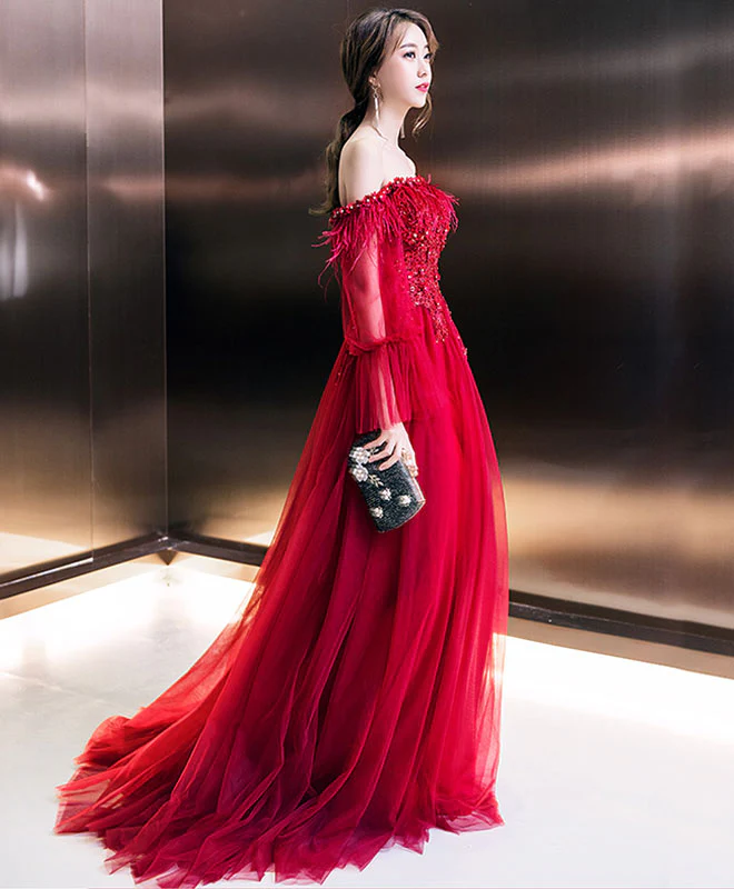 Burgundy Tulle Long Prom Dress, Burgundy Tulle Formal Dress - Deanwangkt