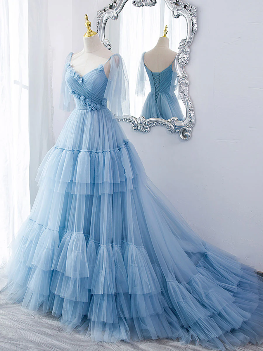 Blue v neck tulle long prom dress, blue tulle formal dress - Deanwangkt