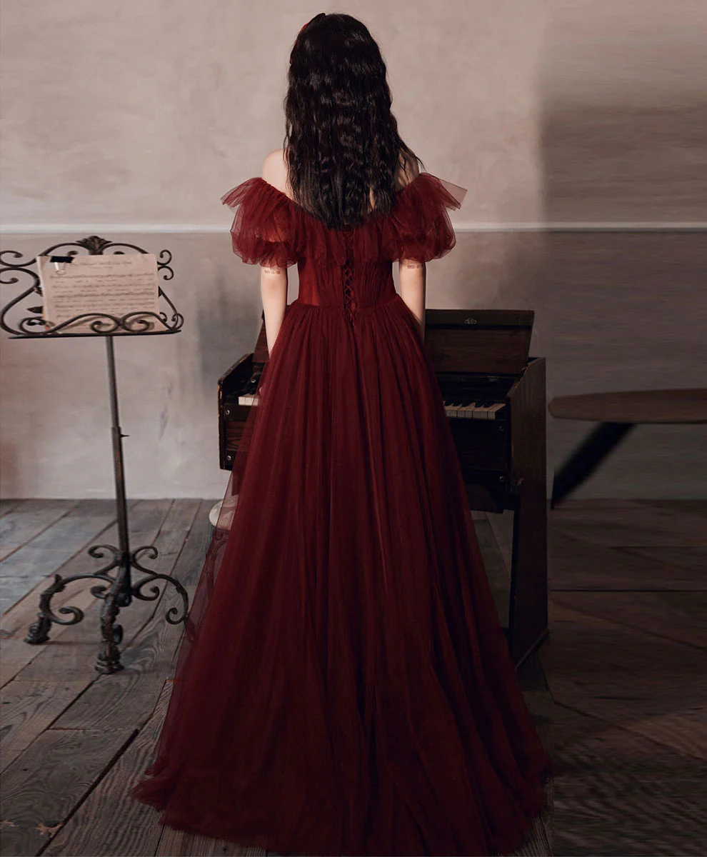 Simple Burgundy Off Shoulder Tulle Long Prom Dress Burgundy Evening Dress - Deanwangkt