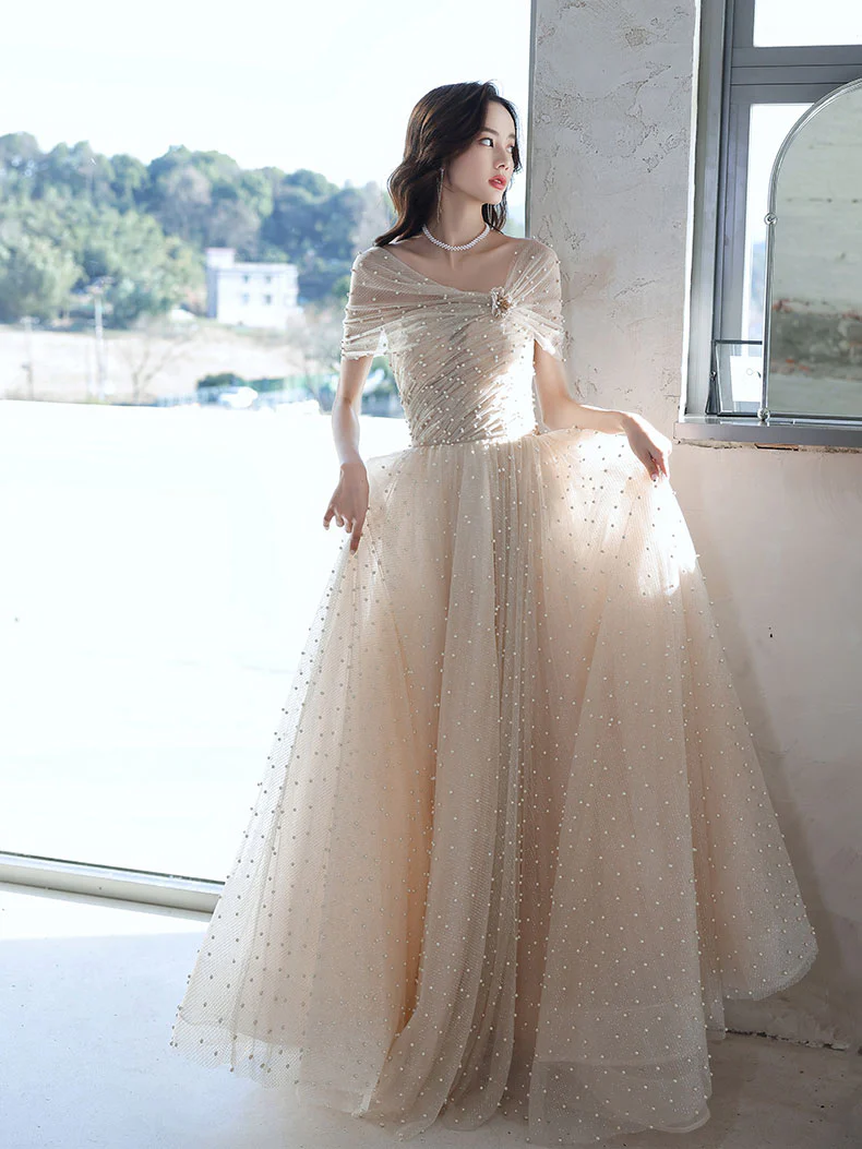 Champagne  Tulle Beads Long Prom Dress Champagne Formal Dress - Deanwangkt