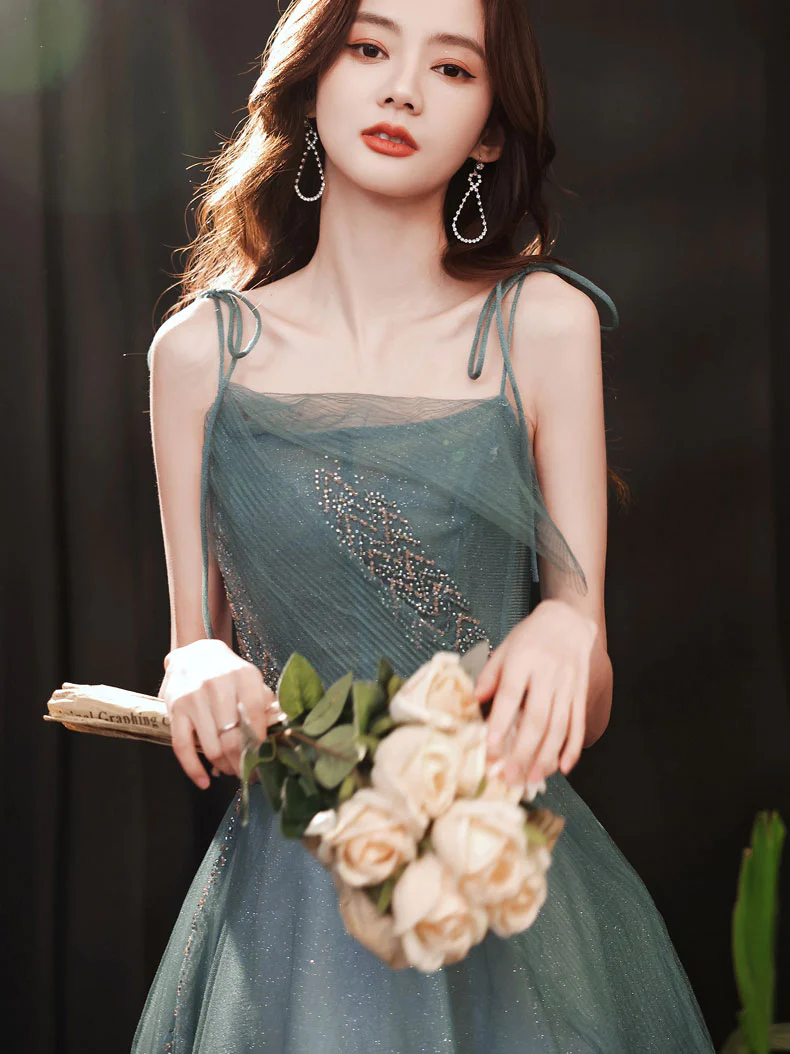 Green Tulle Sequin Long Prom Dress, Green Evening Dress - Deanwangkt