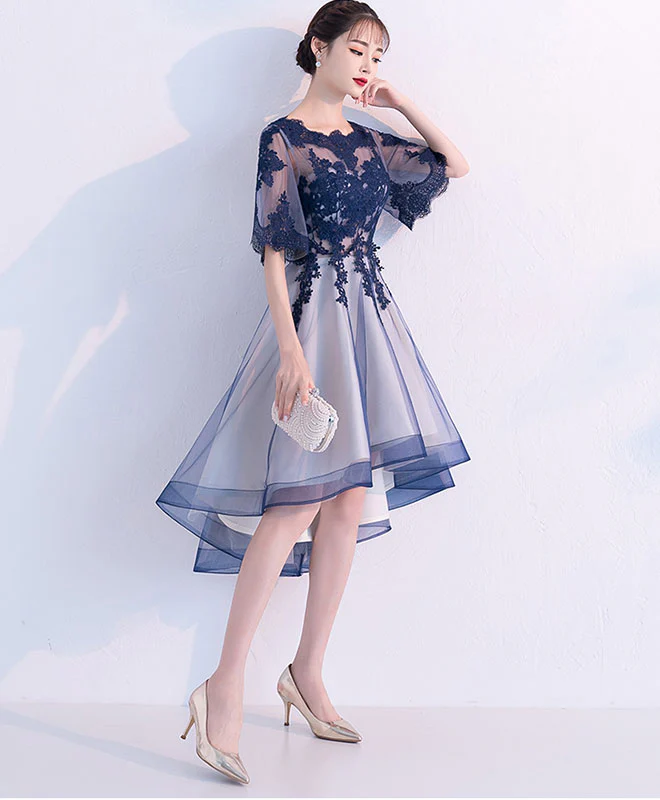 Blue Lace Tulle Short Prom Dress, Blue Lace Homecoming Dress - Deanwangkt