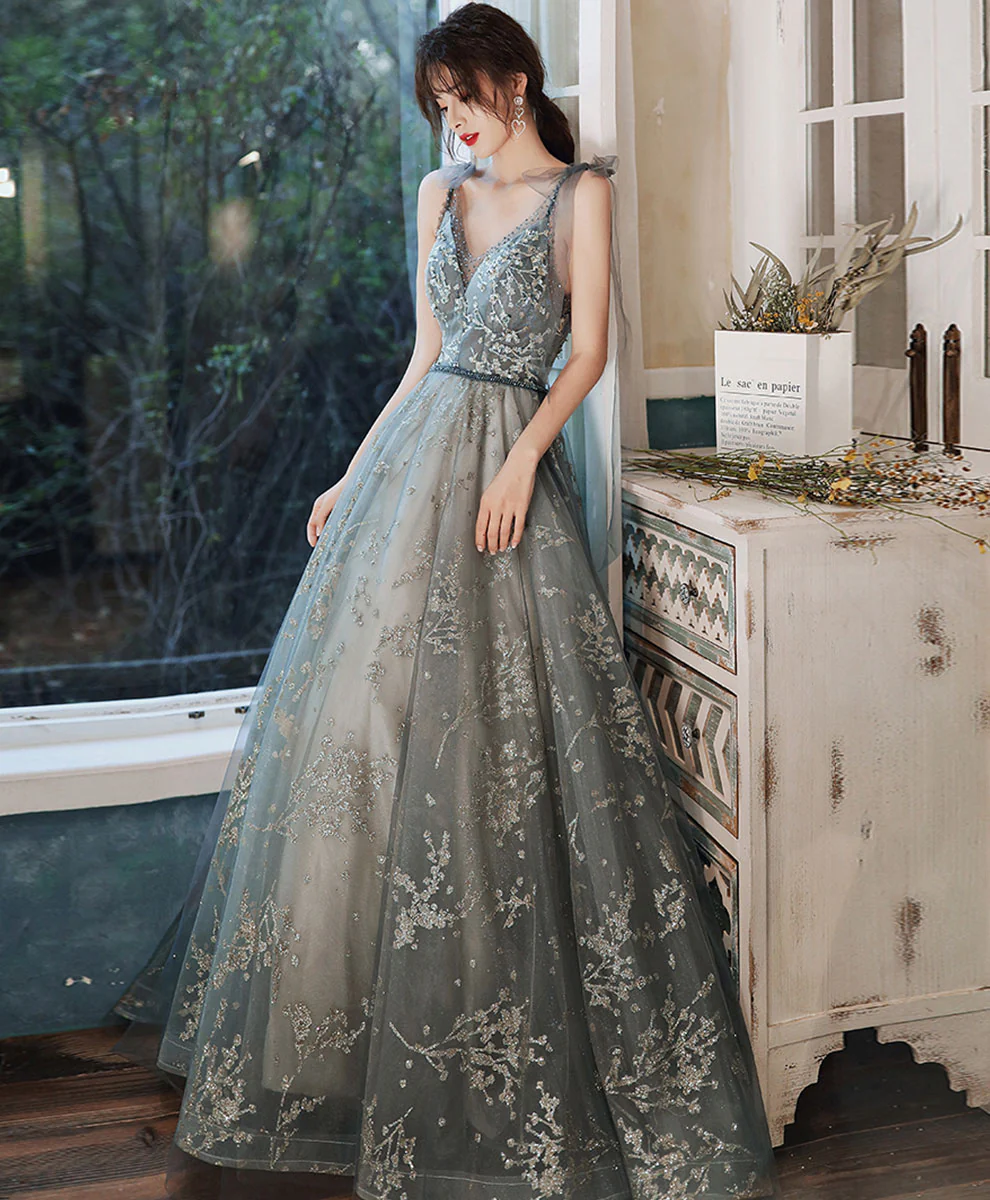 Gray Blue Tulle Sequin Long Prom Dress Tulle Formal Dress - Deanwangkt