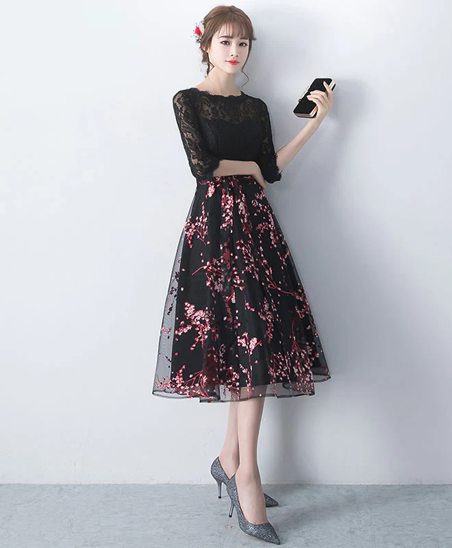 Black Lace Tulle Short Prom Dress, Black Lace Bridesmaid Dress - Deanwangkt