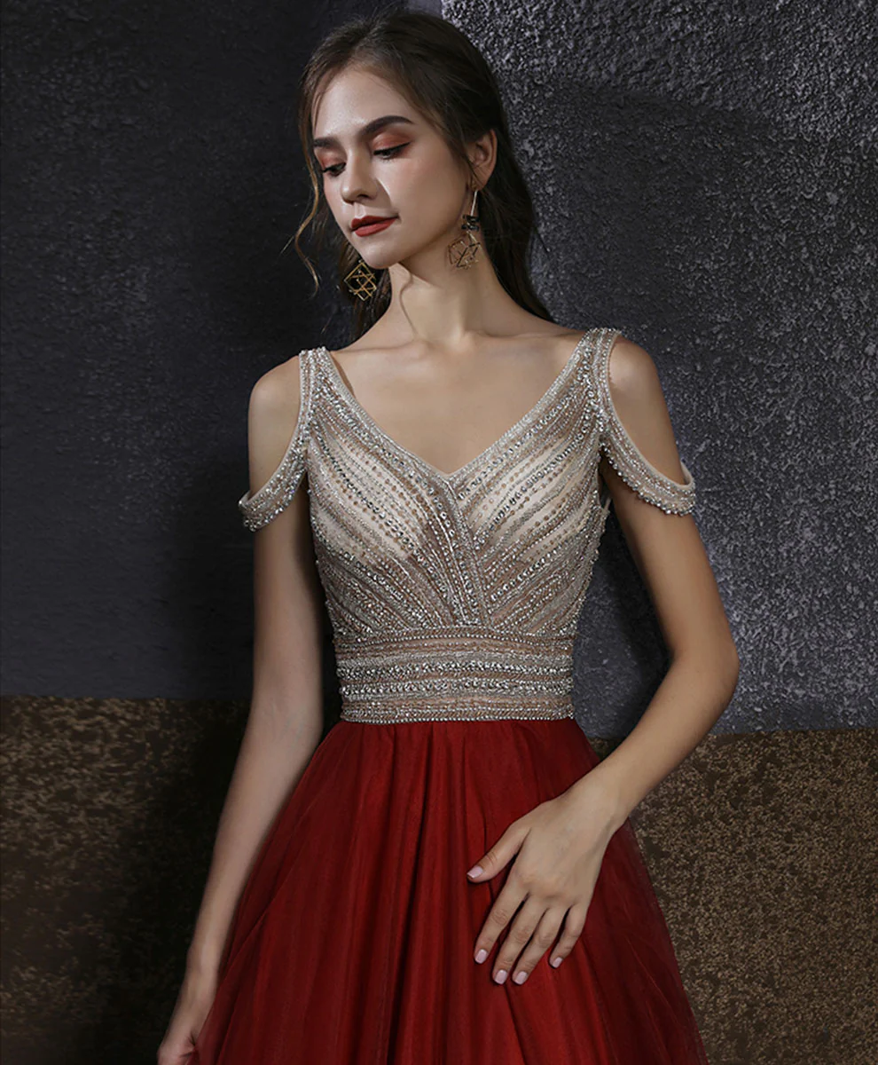 Burgundy V Neck Beading Long Prom Dress, Burgundy Long Formal Graduation Dress - Deanwangkt