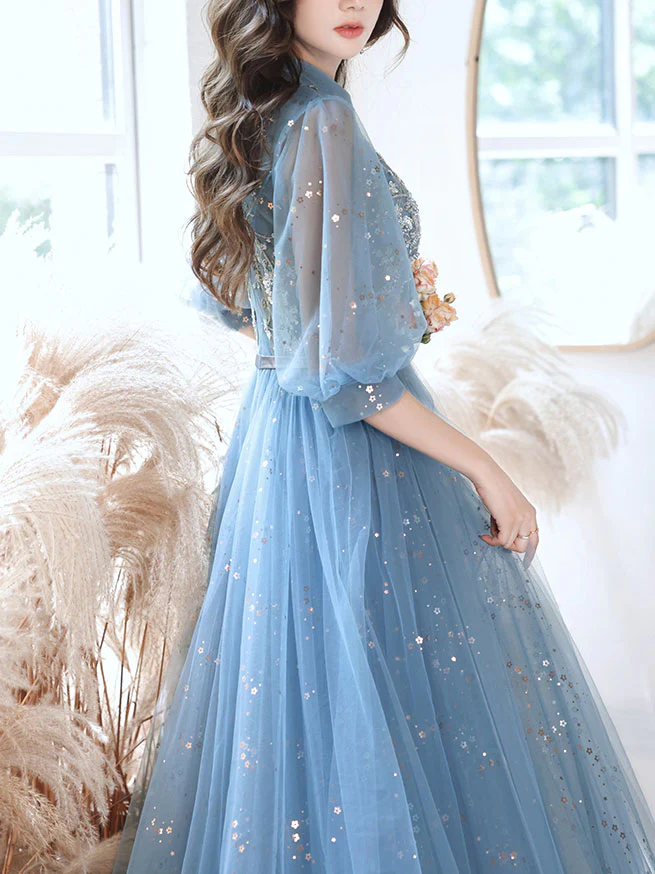 Blue Tulle Lace Sequin Long Prom Dress, A-line Blue Evening Dress - Deanwangkt