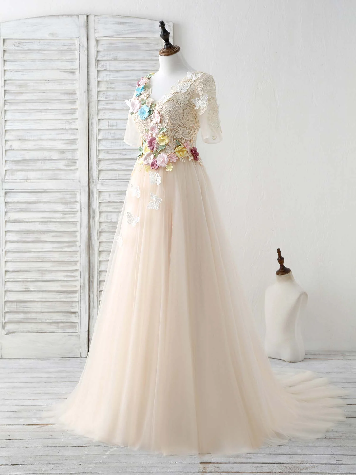 Unique Champagne Lace Applique Tulle Long Prom Dress, Evening Dress - Deanwangkt