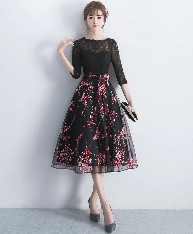 Black Lace Tulle Short Prom Dress, Black Lace Bridesmaid Dress - Deanwangkt