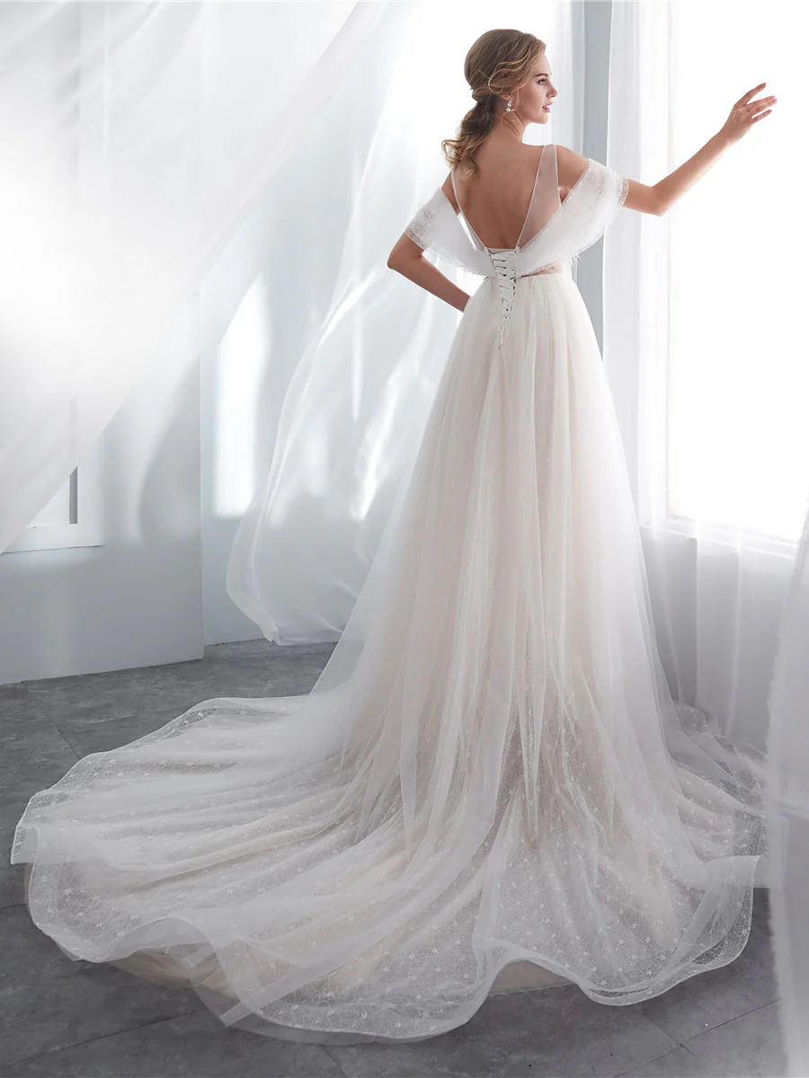 Light Champagne Tulle Lace Long Beach Wedding Dress Bridal Dresses - Deanwangkt