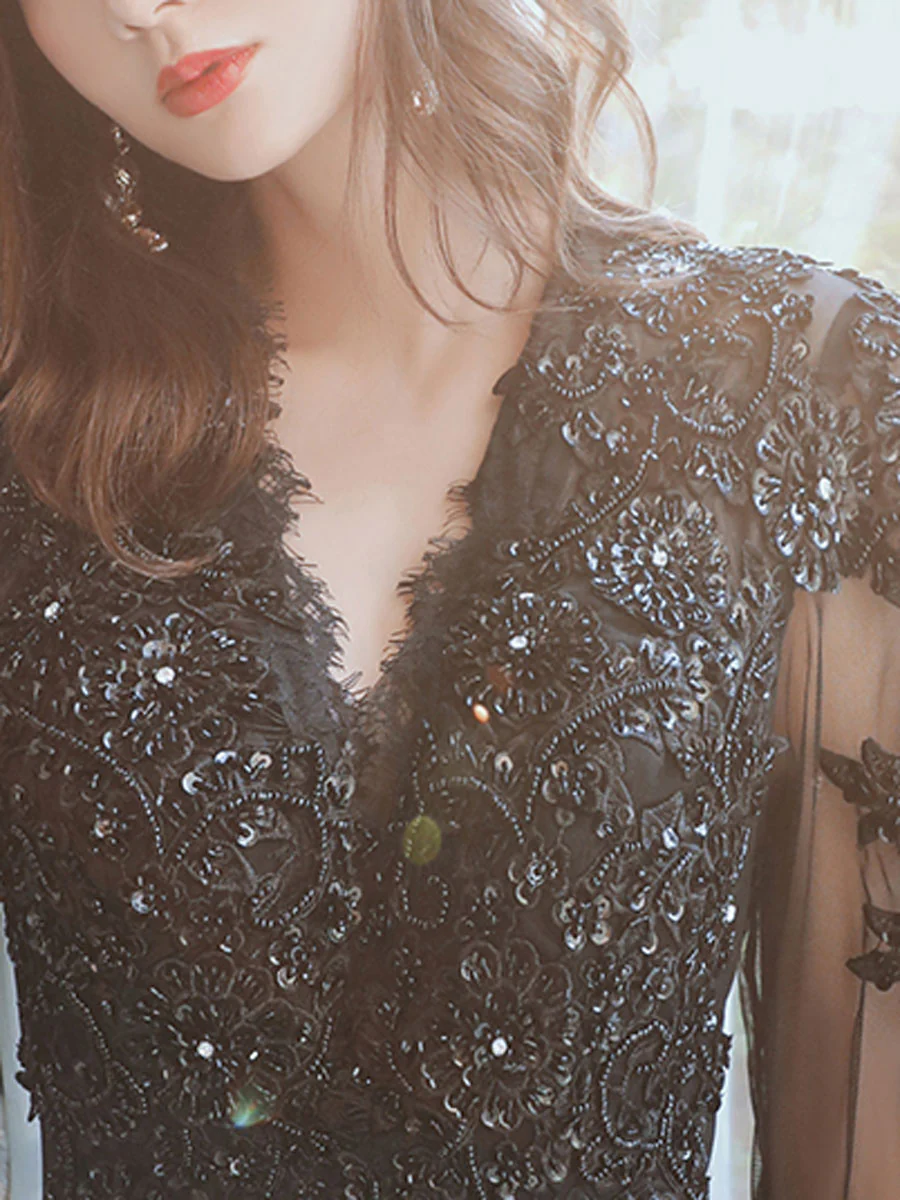 Black V Neck Tulle Lace  Beads Long Prom Dress, Black Tulle Evening Dresses - Deanwangkt