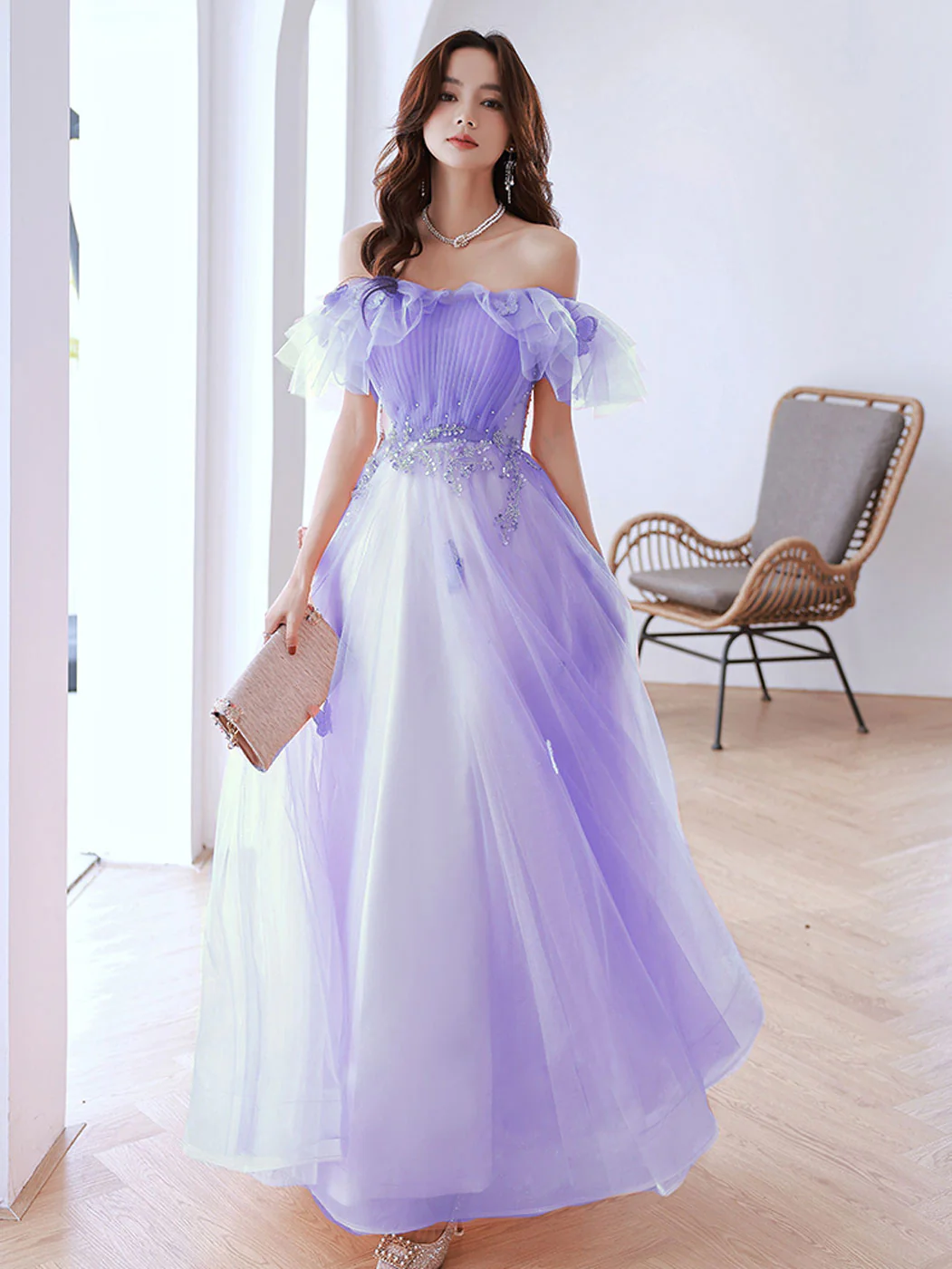 Pink Off Shoulder Tulle Long Prom Dress, Pink Tulle Formal Dress - Deanwangkt