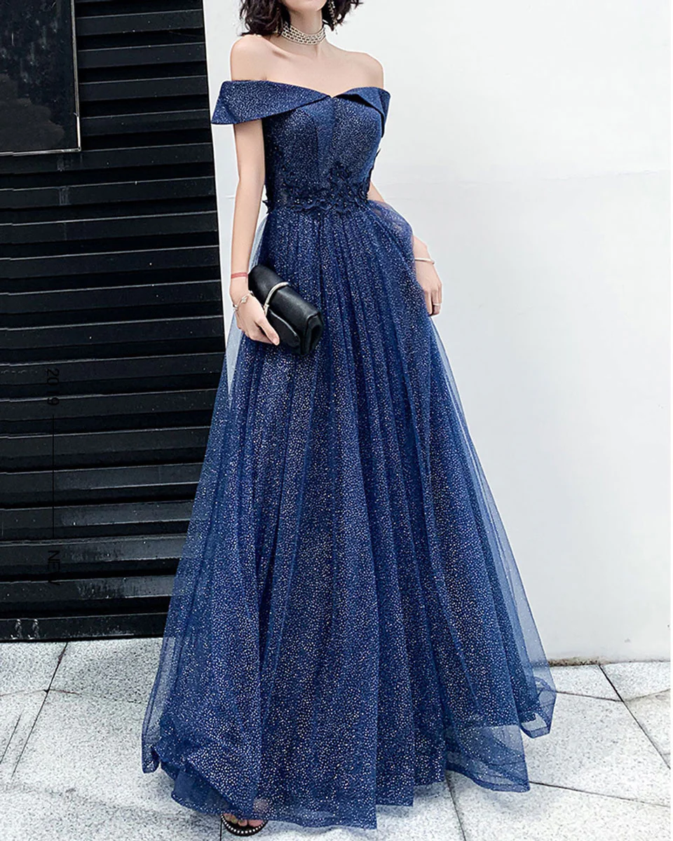 Dark Blue Tulle Long Prom Dress, A-Line Tulle Off Shoulder Blue Wedding Party Dresses - Deanwangkt