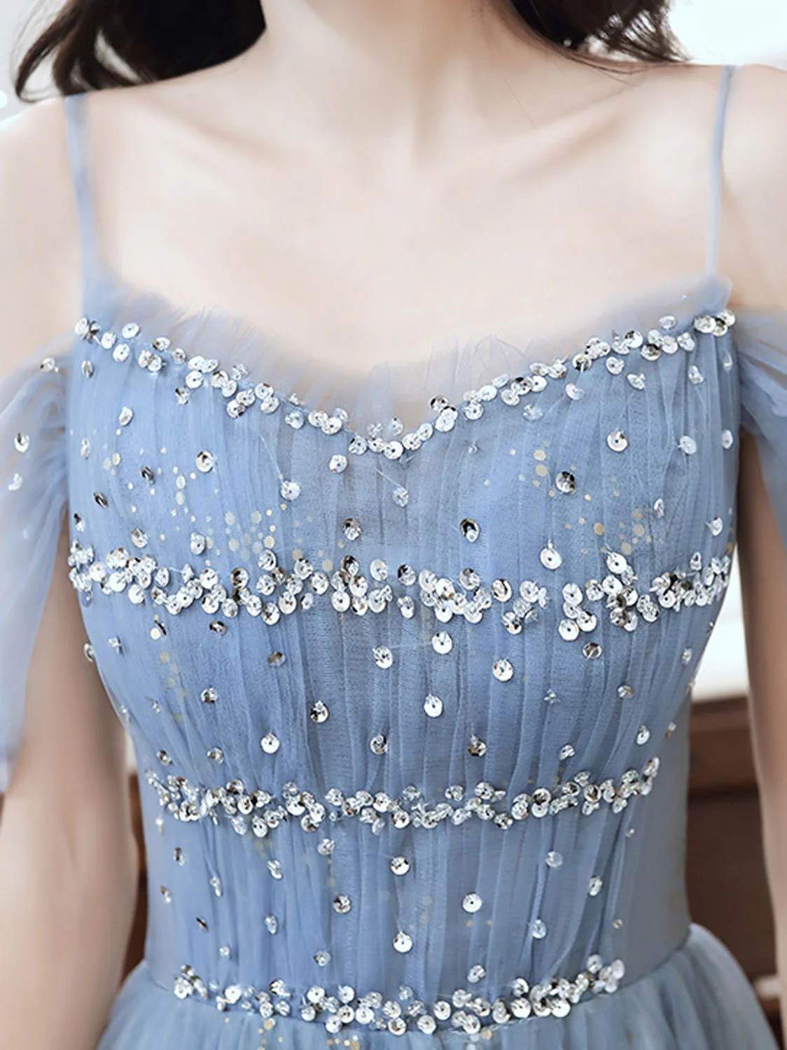 A line Off Shoulder Sequin Blue Long Prom Dress, Blue Long Party Evening Dresses - Deanwangkt