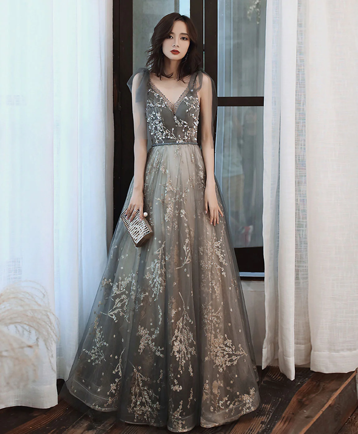 Gray V Neck Tulle Lace Sequin Long Prom Dress Gray Tulle Formal Dress - Deanwangkt