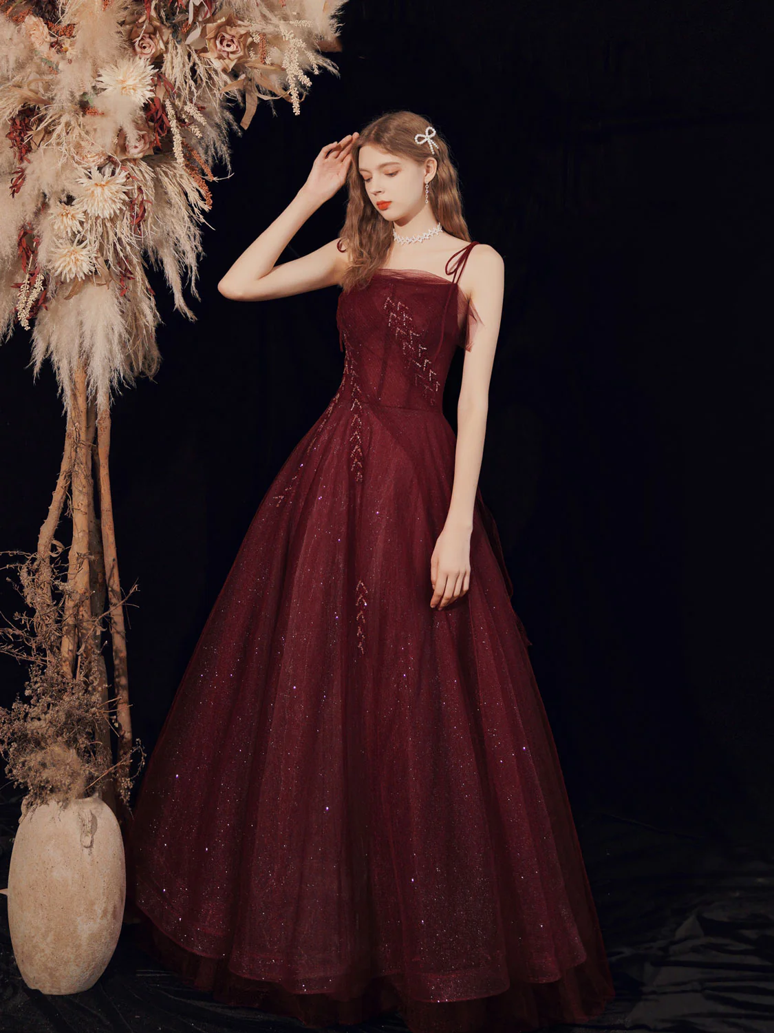 Burgundy Tulle Sequin Long Prom Dress Burgundy Tulle Formal Dress - Deanwangkt
