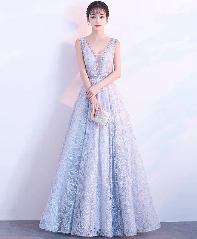 Gray V Neck Lace Long Prom Dress, Gray Evening Dress - Deanwangkt