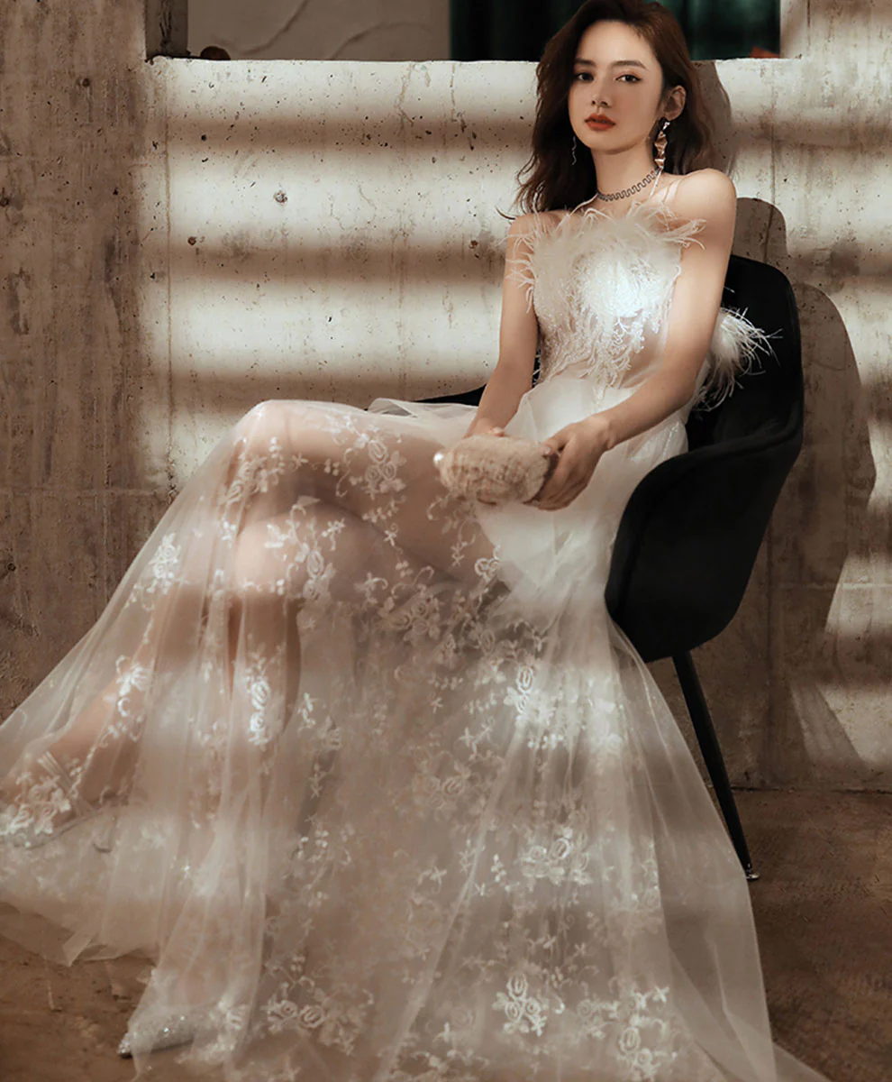 White Sweetheart Dress Tulle Lace Long Prom Dress Evening Dress - Deanwangkt
