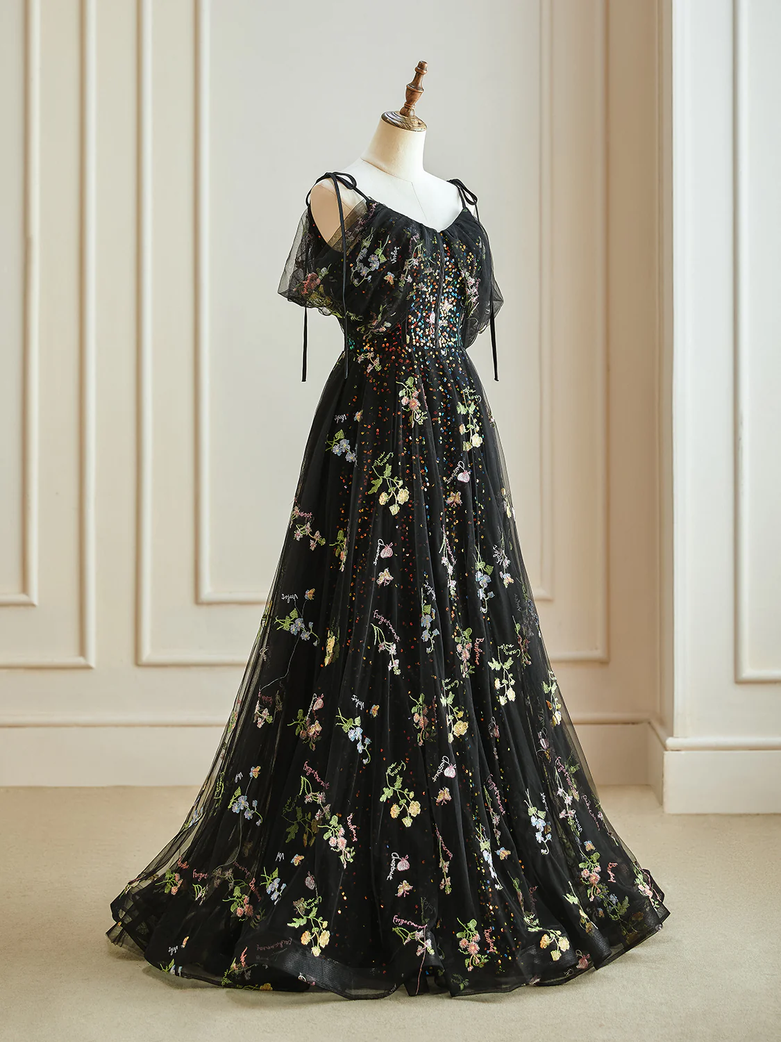 A-Line Off Shoulder Tulle Lace Black Long Prom Dress, Black Formal Dress - Deanwangkt