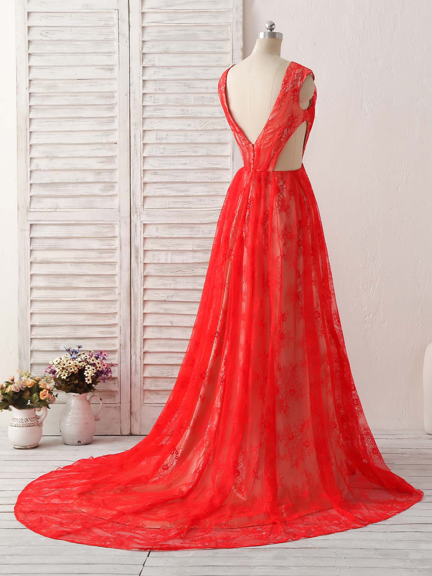 Red V Neck Lace Long Prom Dress, Lace Evening Dress - Deanwangkt