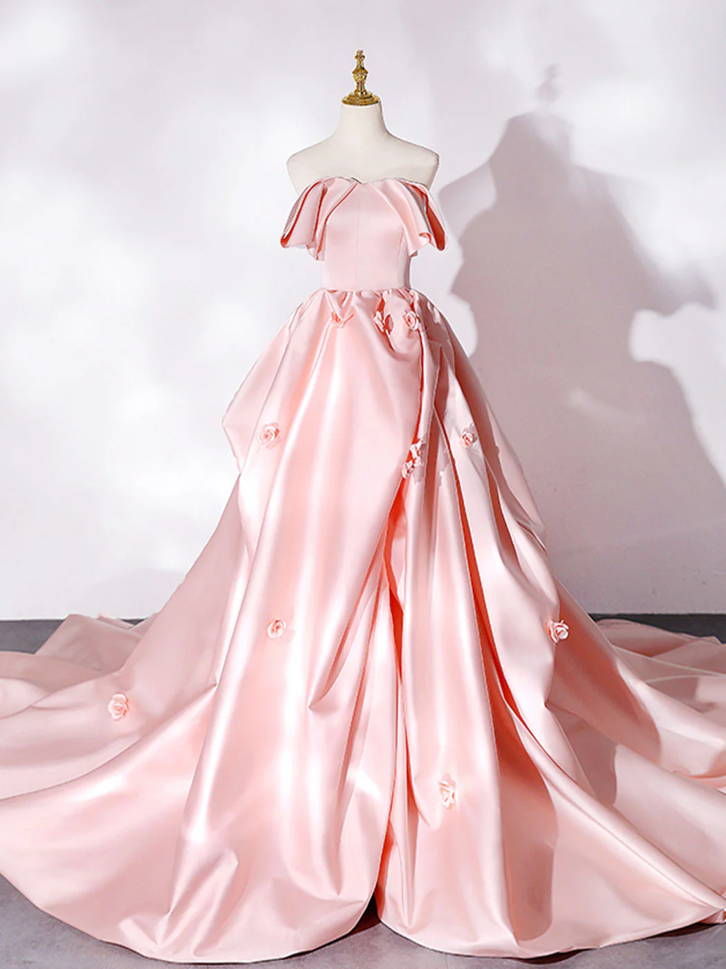 Pink Sweep Train Satin Long Prom Dress, Pink Formal Evening Dresses - Deanwangkt