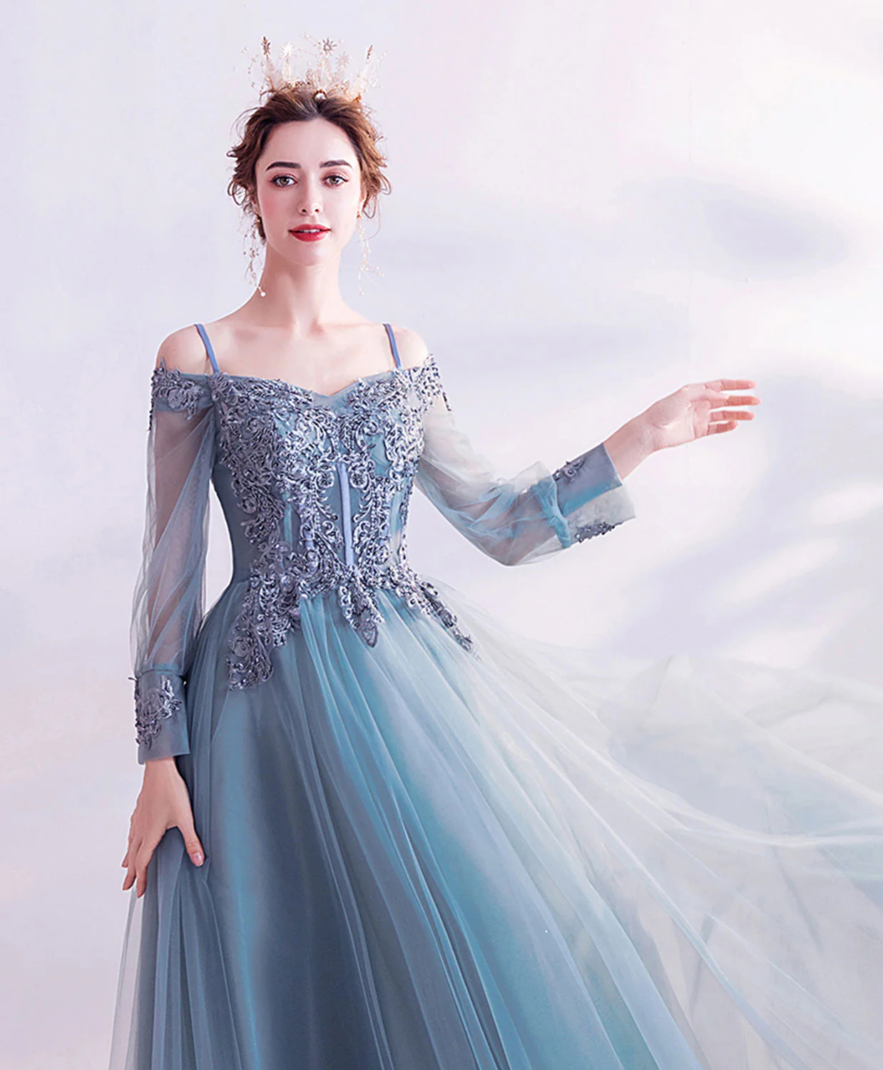 Gray Blue A Line Long Prom Dress, Blue Lace Evening Dress - Deanwangkt