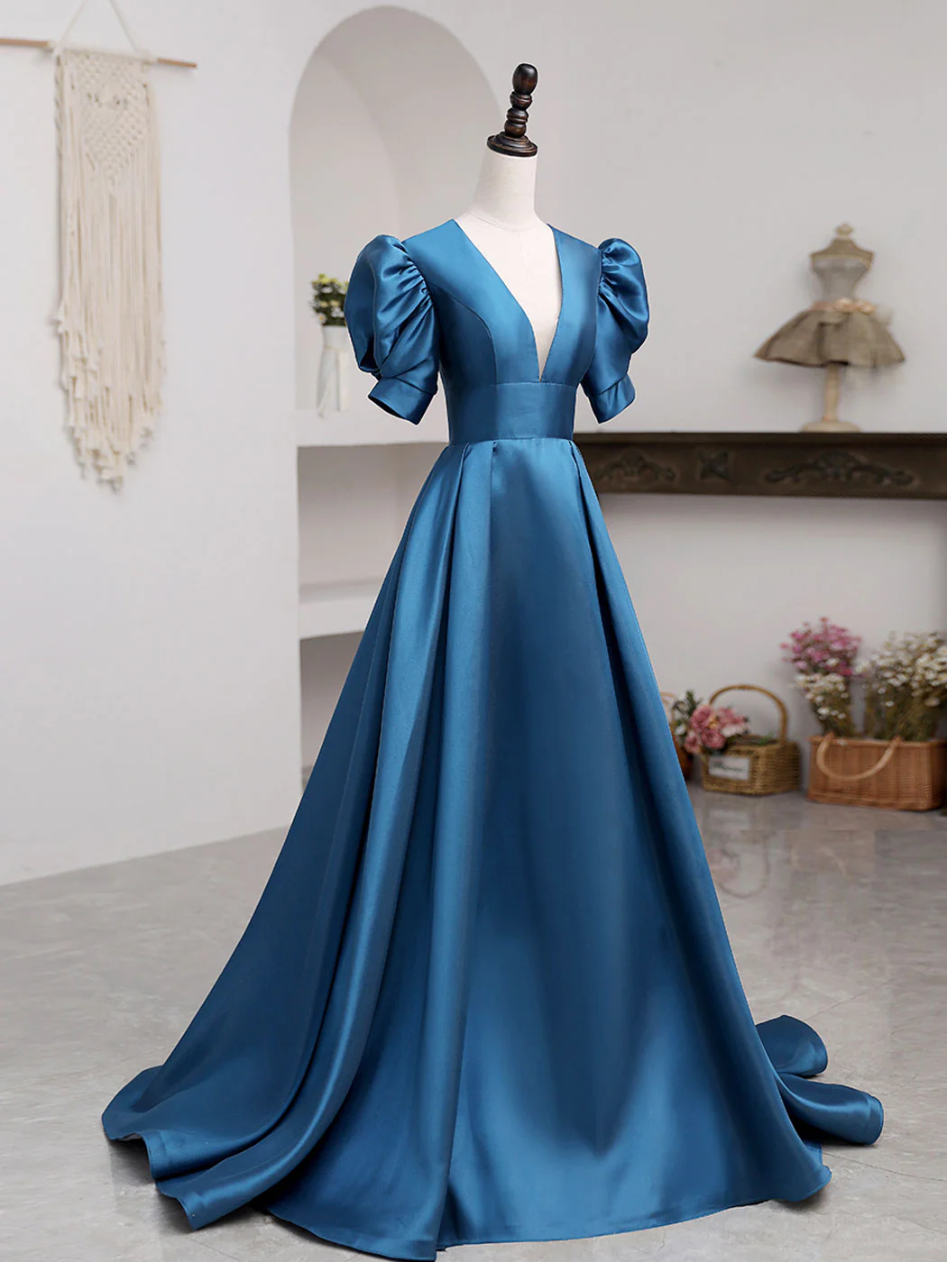 A-Line V Neck Satin Long Prom Dresses, Blue Satin Long Evening Dress - Deanwangkt