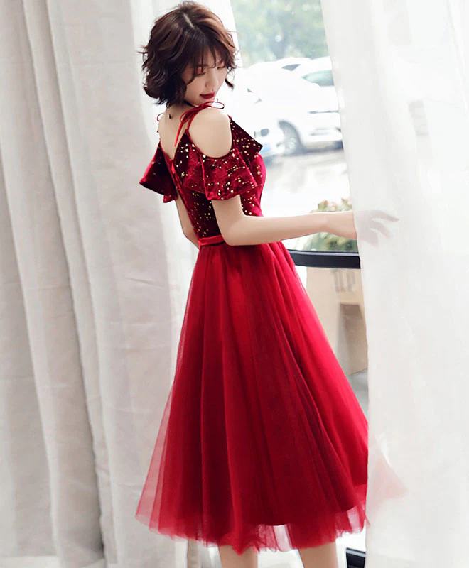 Simple Burgundy Off Shoulder Tulle Short Prom Dress - Deanwangkt