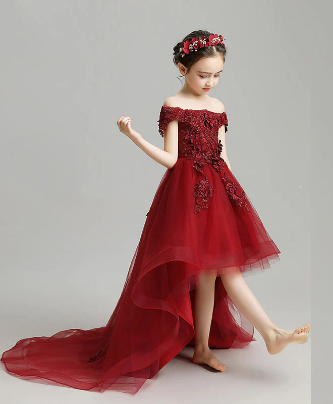 Burgundy High Low Tulle Lace Flower Girl Dress, Party Girl Dress - Deanwangkt