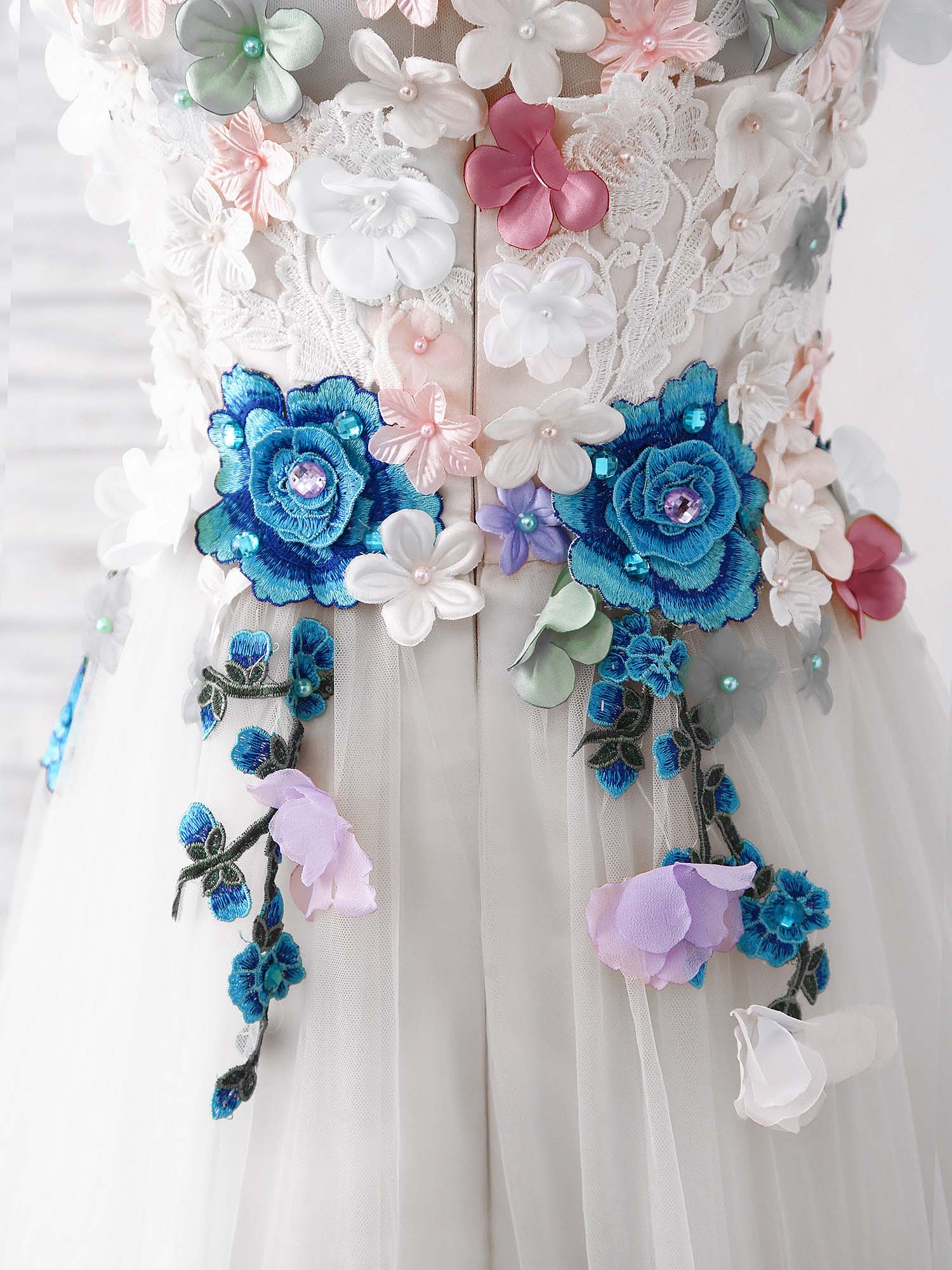 Tulle Lace Applique Long Prom Dress, Ivory Evening Dress - Deanwangkt