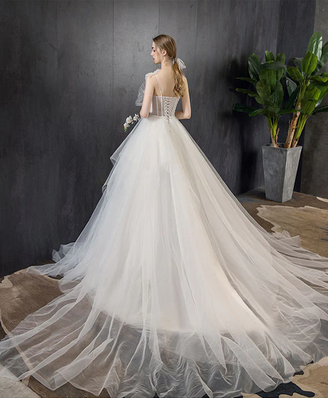White Tulle Long Wedding Dress, White Tulle Long Bridal Dress - Deanwangkt