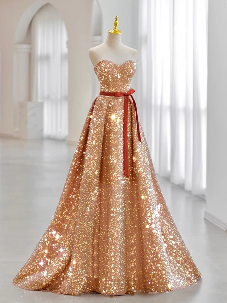 A-Line Sweetheart Neck Velvet Sequin Champagne Gold Long Prom Dress - Deanwangkt