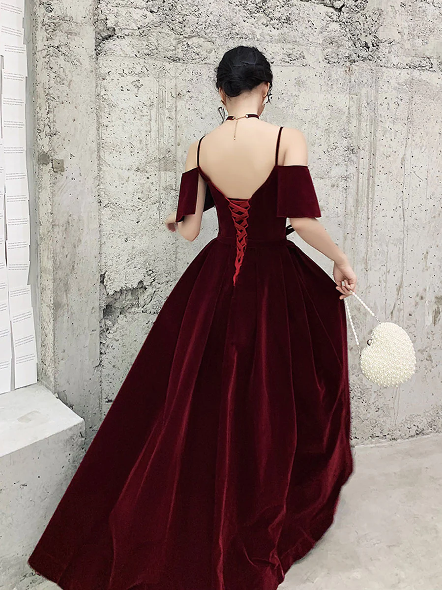 Burgundy Off Shoulder Velvet Long Prom Dress, Burgundy Formal Evening Dresses - Deanwangkt