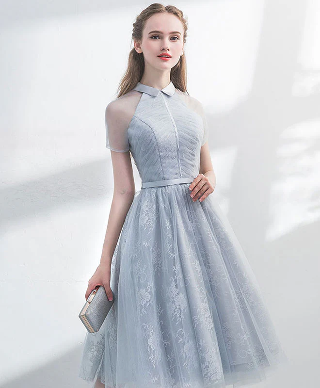 Unique Gray Tulle Lace Short Prom Dress, Gray Homecoming Dress - Deanwangkt