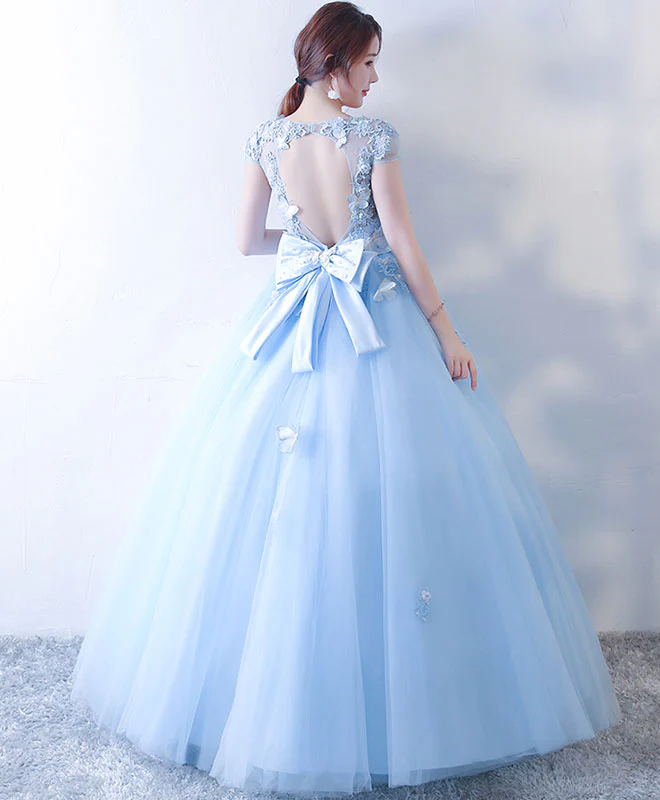 Blue Tulle Lace Long Prom Dress, Blue Sweet 16 Dress - Deanwangkt