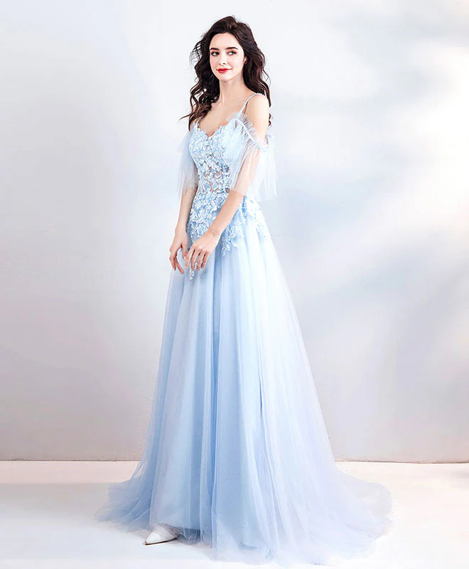 Light Blue Lace Tulle Long Prom Dress, Evening Dress - Deanwangkt