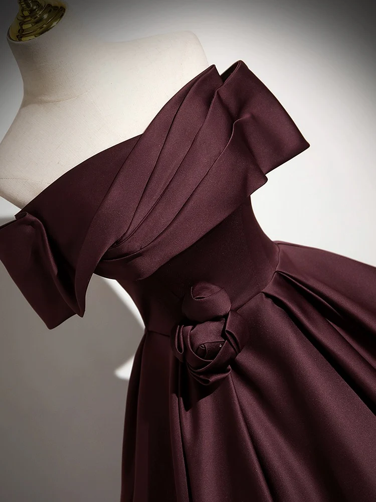 A-Line Off the Shoulders Satin Maroon Long Prom Dress, Maroon Long Formal Dress - Deanwangkt