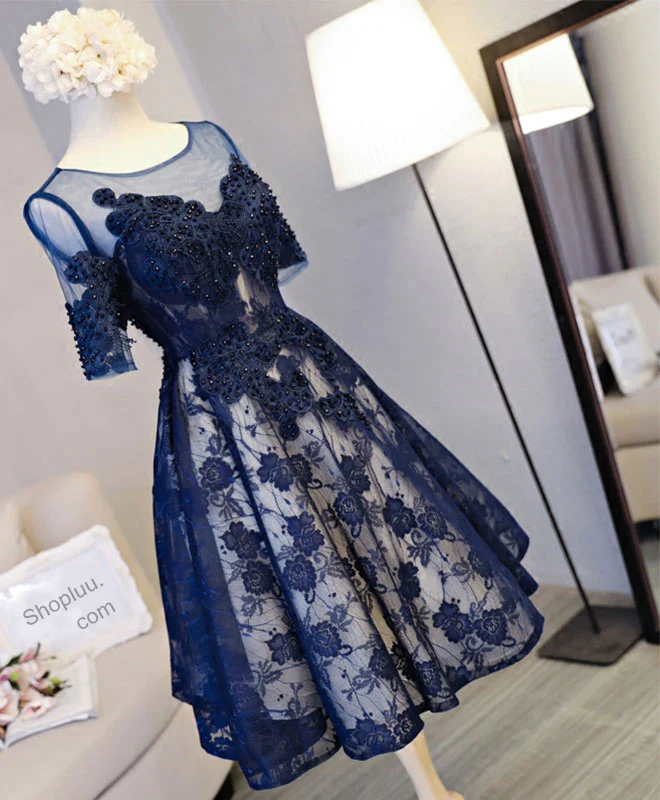 Cute Dark Blue Lace Short Prom Dress, Blue Homecoming Dress - Deanwangkt