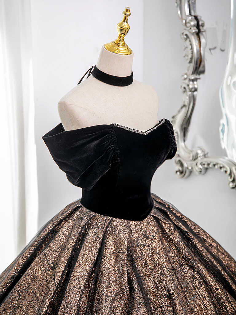 A-Line Off Shoulder Tulle Velvet Black Long Prom Dress, Black Long Formal Dress - Deanwangkt