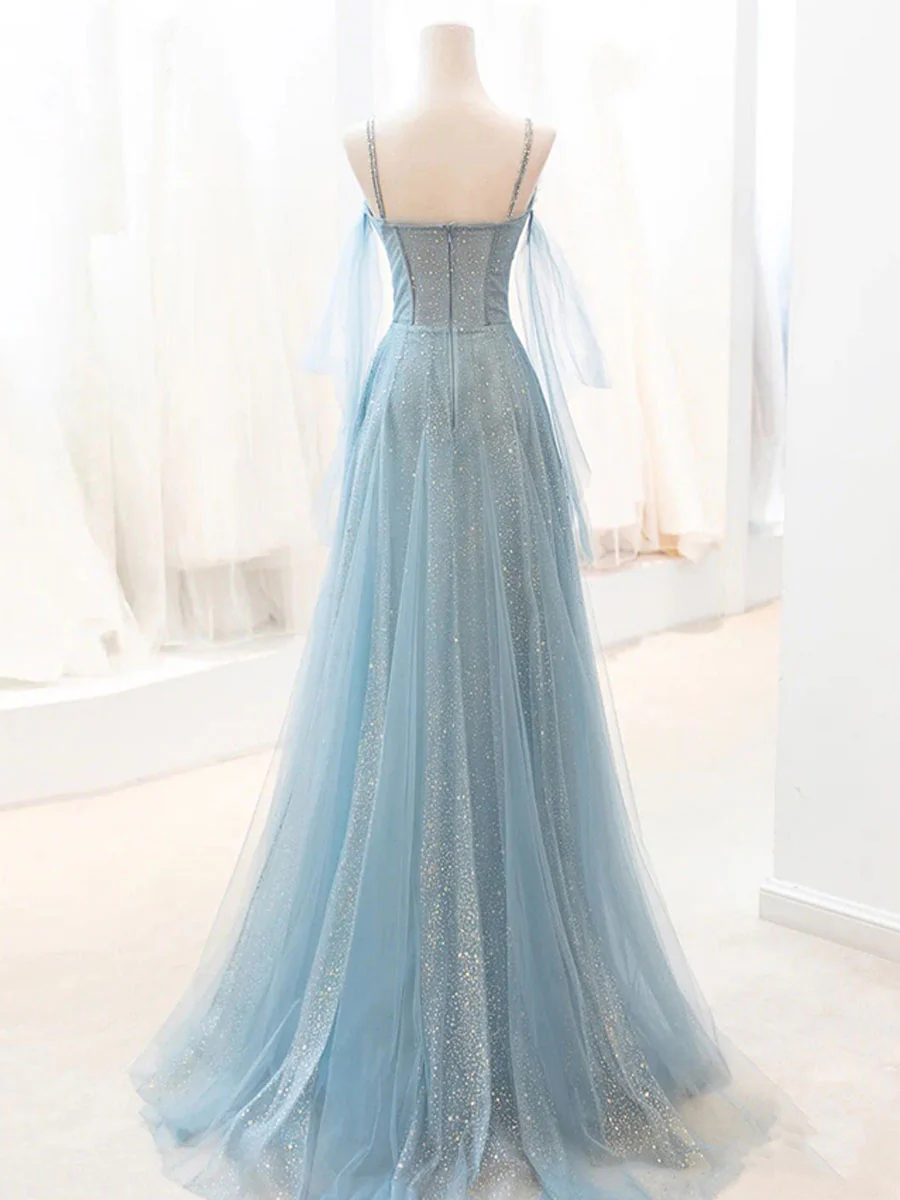 Gray Blue V Neck Tulle Sequin Long Prom Dress, Blue Evening Dress - Deanwangkt