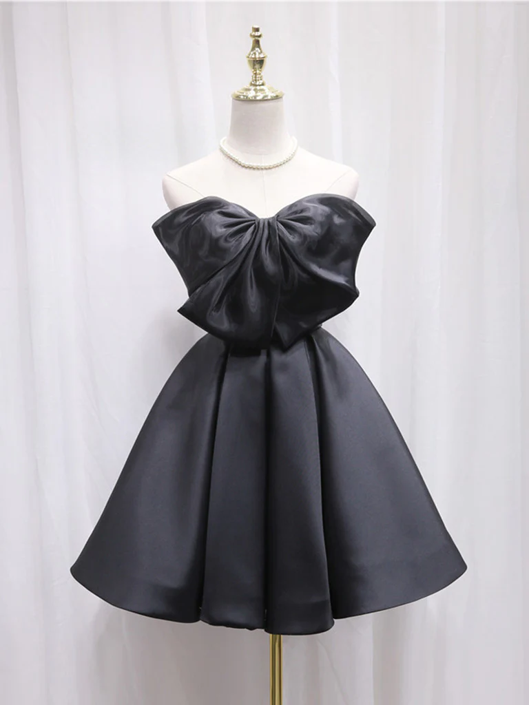 Black Sweetheart Neck Satin Short Prom Dress, Black Homecoming Dress - Deanwangkt