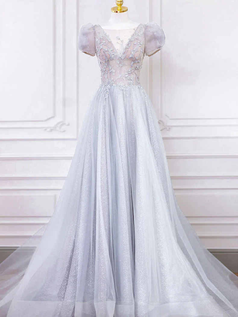 Gray Round Neck Tulle Lace Long Prom Dress, Gray Tulle Evening Dress - Deanwangkt