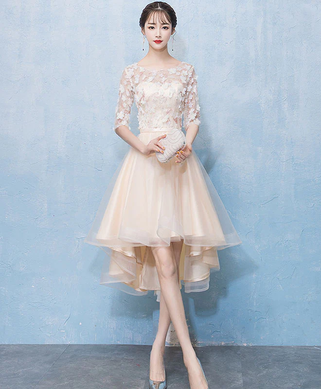 Light Champagne Tulle Lace High Low Prom Dress Lace Homecoming Dress - Deanwangkt